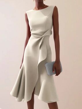 Fehaute Draped Asymmetric Midi Dress with Sleeveless Ruffle Front Tailored Fit
